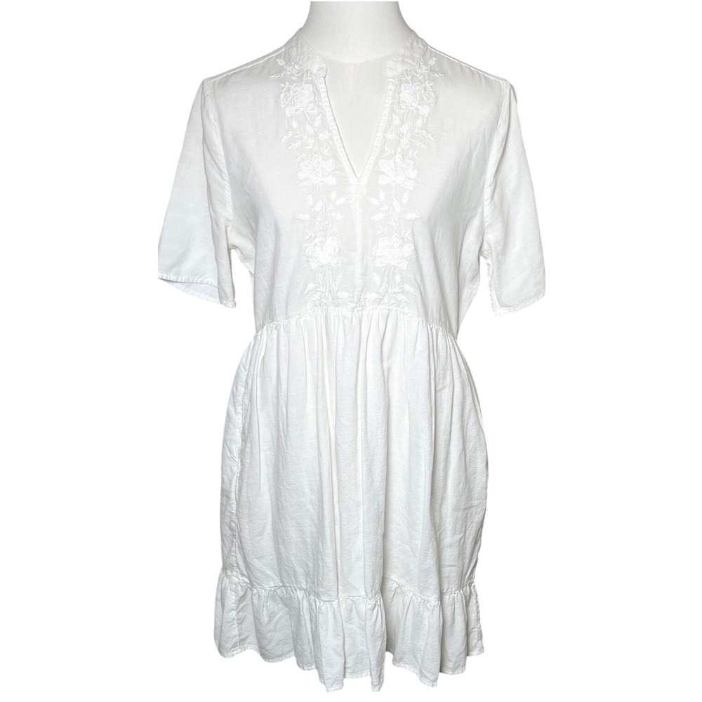 Boho Babydoll Mini Dress Embroidered White Ruffle Festival Lucky Brand S‎